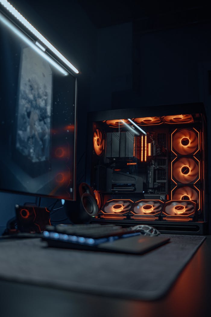 brand-01 A sleek gaming PC setup with vibrant RGB lighting and a high-resolution monitor.